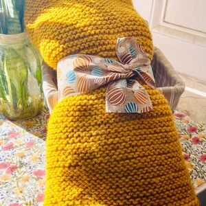 Yellow Knit Lap Blanket with Patterned Ribbon
